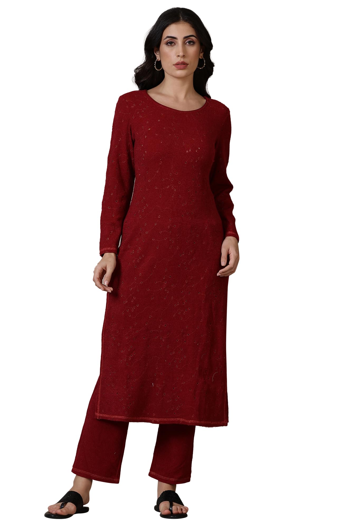 Aurelia Red Yarn Dyed Straight Kurta & Palazzo for Women (Size: XL)-24NOAS15381-E705321