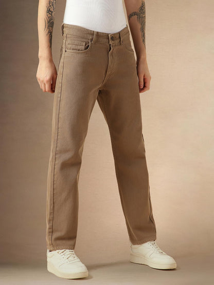 Dennis Lingo Mens Beige Cotton Relaxed Fit Mid-Rise Casual Jeans.