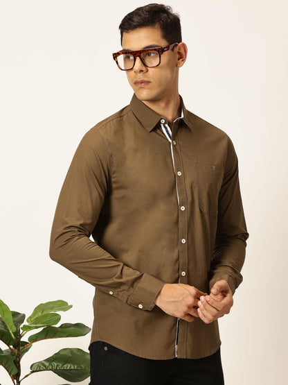 Thomas Scott 100% Cotton Long Sleeve Solid Regular Fit Casual Shirts for Mens Olive