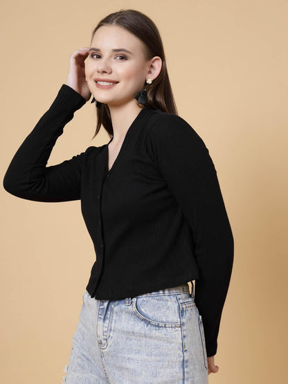 Rigo Casual Wear V Neck Rib Knit Top for Women | Slim Fit Long Sleeves Western Tops for Women