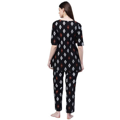 Stylum Womens Cotton Block Print Night Suit Set Black