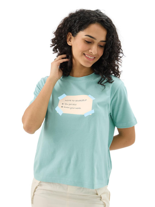 The Souled Store Originals: Sticky Note 100% Cotton Women & Girls Short Sleeve Round Crew Neck Blue Graphic Printed Regular Fit