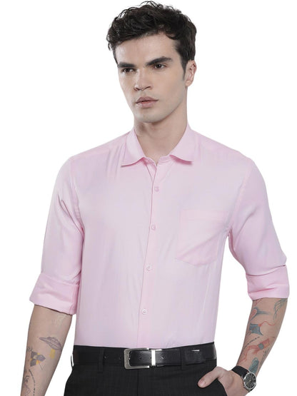 The Indian Garage Co Men Pink Solid Slim Fit Cotton Formal Shirt
