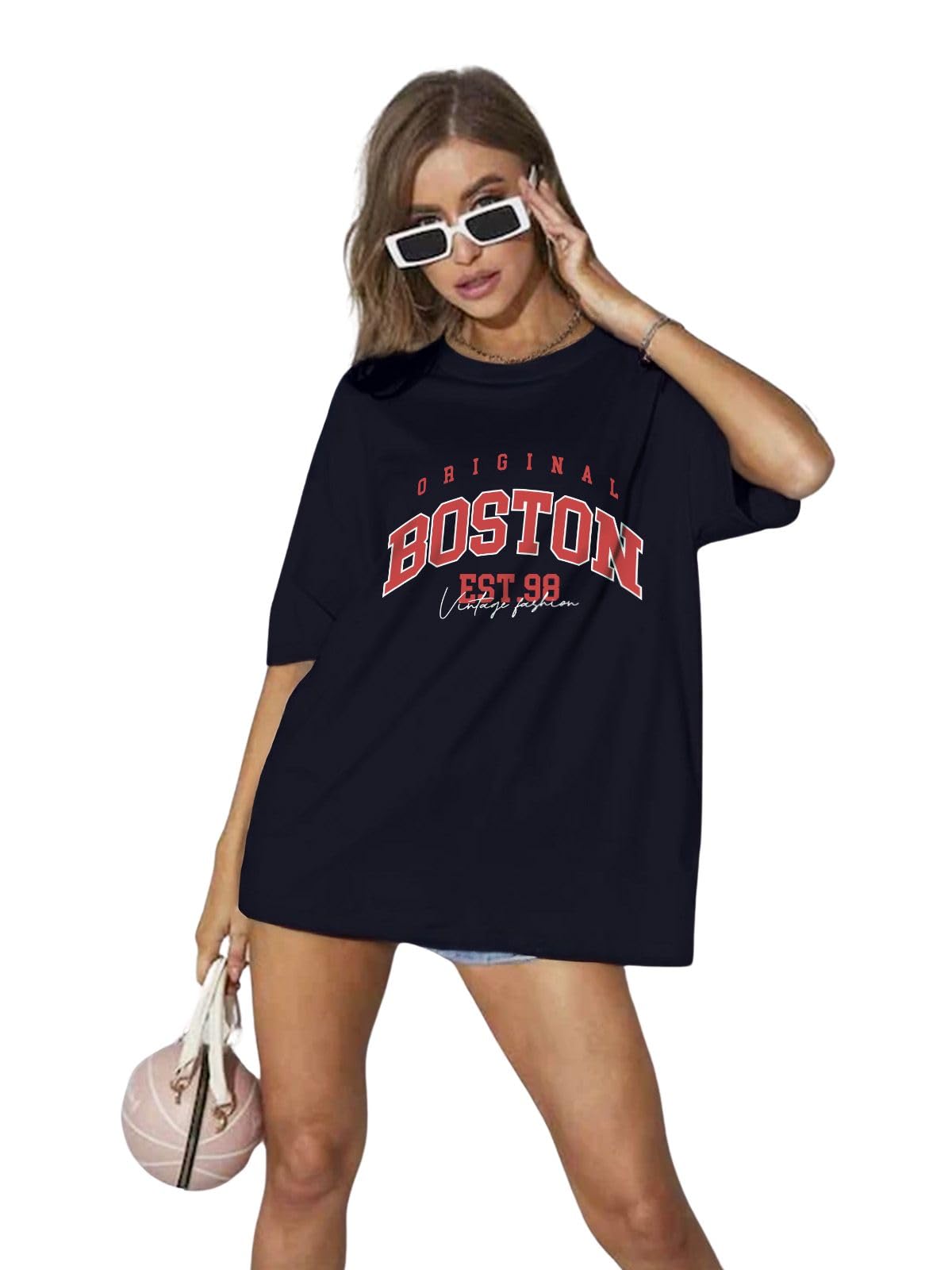 Juneberry Round Neck Drop Shoulder Round Neck Black & White Graphic Printed Pure Cotton Oversized Baggy Fit Half Sleeve T-Shirt