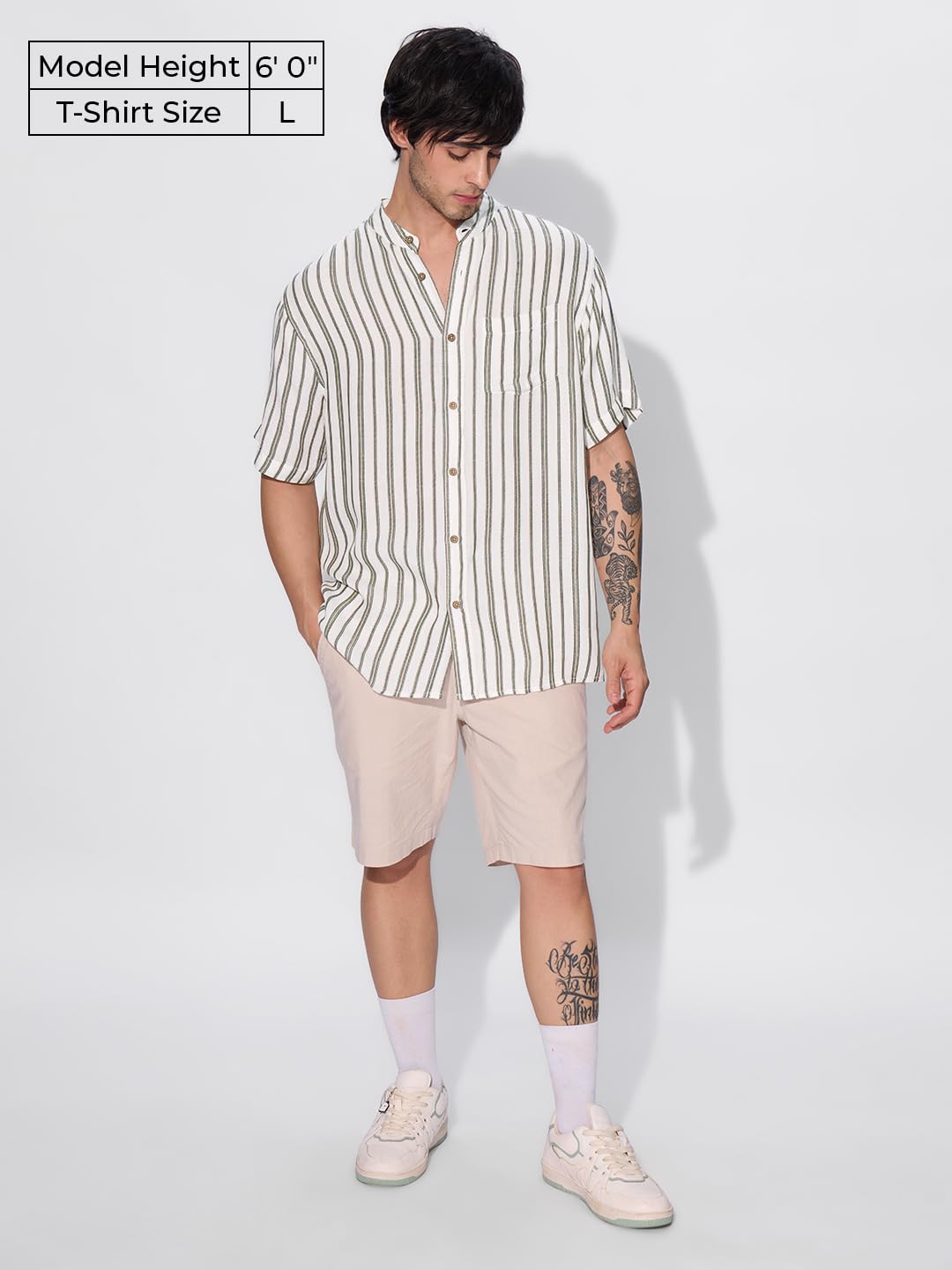 The Souled Store Stripes: Green, White Men and Boys Short Sleeves Collared Neck Button Front Regular Fit Rayon Textured Shirts