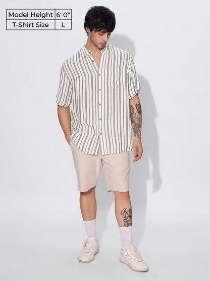 The Souled Store Stripes: Green, White Men and Boys Short Sleeves Collared Neck Button Front Regular Fit Rayon Textured Shirts