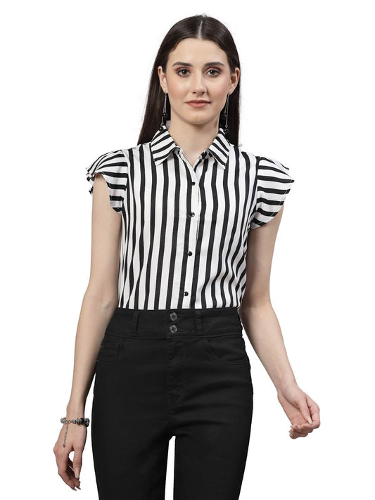 Style Quotient Women Black and White Formal Short Cap Sleeve Shirt