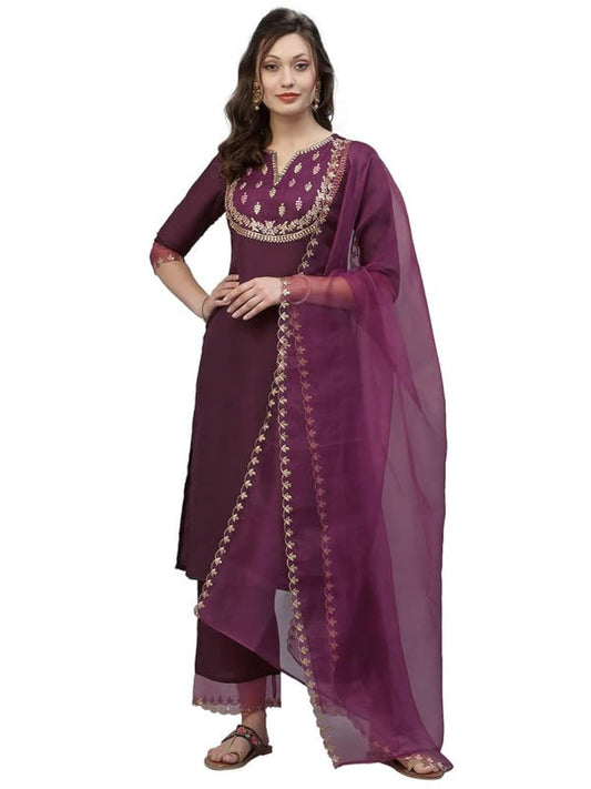 Sanisa Women's Embroidery Straight Kurta Set with Dupatta