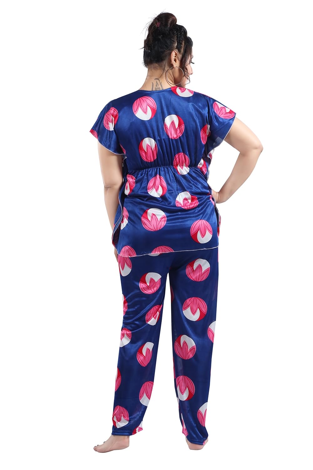 Fabme WomenS Satin Blue Printed Kaftan Top & Pyjama Set