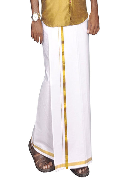 PRAKASAM COTTON Mens Cotton blended White Jari Single Dhoti/Lungi (1.28X2.00 mtrs)- Pack Of 1 (Gold Zari Dhoti)