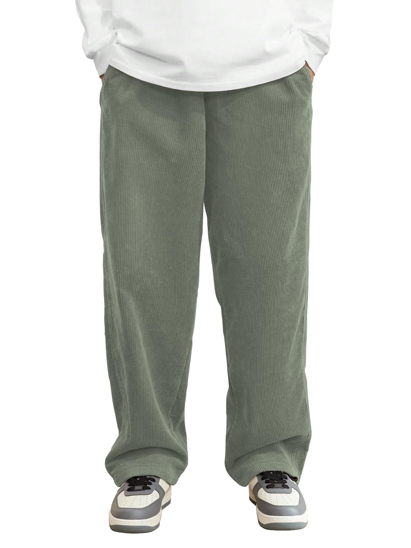 AVANOVA Mens Olive Front Tie Loose Fit Corduroy Baggy Long Slacks Chino Pants with Slant Pocket Simple Casual Trousers, Going O