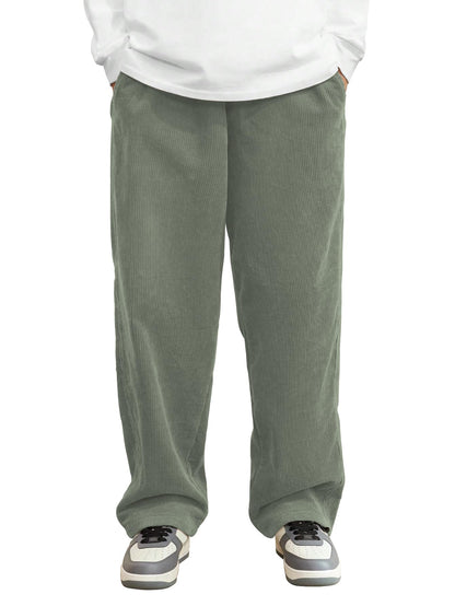 AVANOVA Mens Olive Front Tie Loose Fit Corduroy Baggy Long Slacks Chino Pants with Slant Pocket Simple Casual Trousers, Going O