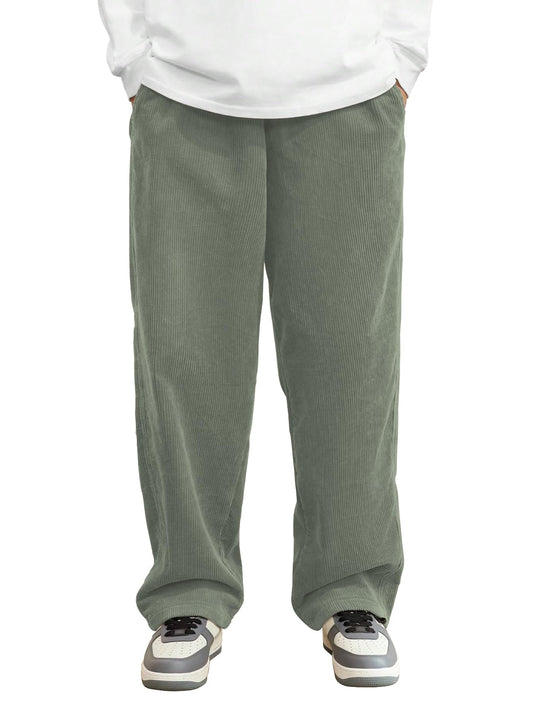 AVANOVA Mens Olive Front Tie Loose Fit Corduroy Baggy Long Slacks Chino Pants with Slant Pocket Simple Casual Trousers, Going O