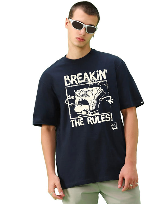 Bewakoof Spongebob Mens Graphic Print Oversized Fit Half Sleeve Round Neck Cotton T-Shirt_659692_Blue_L