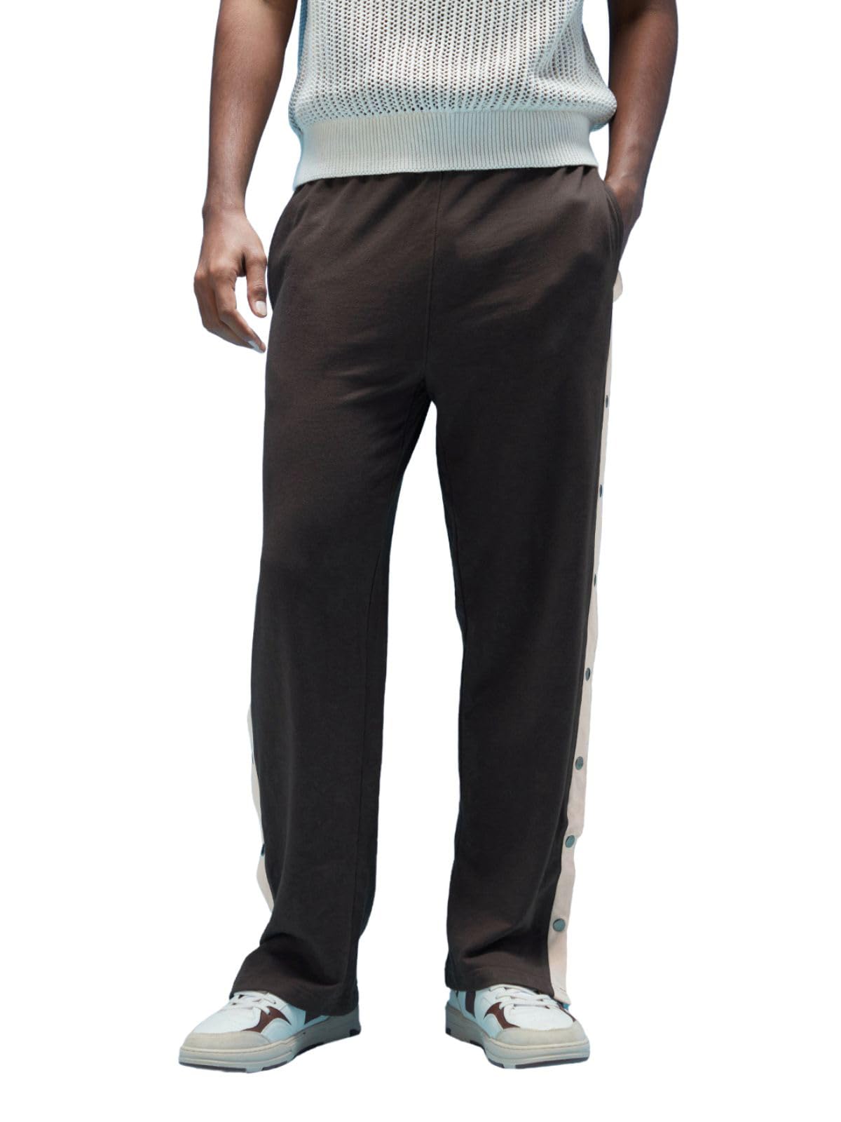Veirdo Mens Cotton Twill Relaxed Baggy Fit Solid Drawstring with Side Snap Buttons Knitted Cargo Pants Brow
