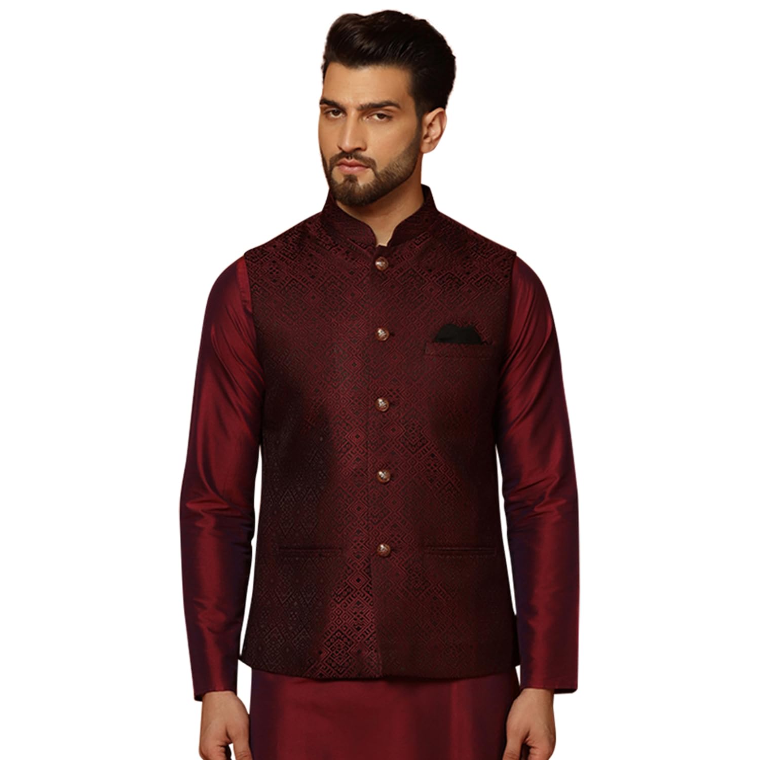 Kisah MenS Nehru Jacket Ethnic Festive Maroon Waistcoat Cotton, Regular Fit