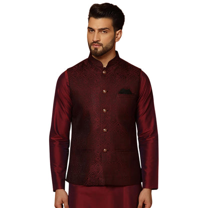 Kisah MenS Nehru Jacket Ethnic Festive Maroon Waistcoat Cotton, Regular Fit