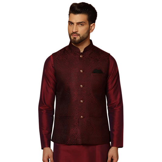 Kisah MenS Nehru Jacket Ethnic Festive Maroon Waistcoat Cotton, Regular Fit