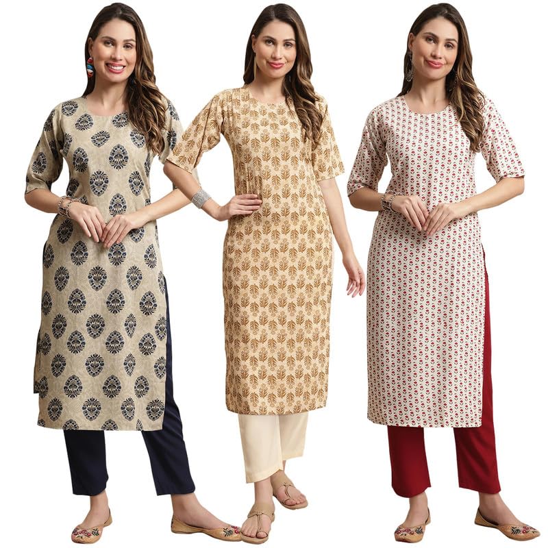 Pinkmint Straight Crepe Kurta & Pant For Women Ethnic Kurta Set For Women (Pack Of 3)