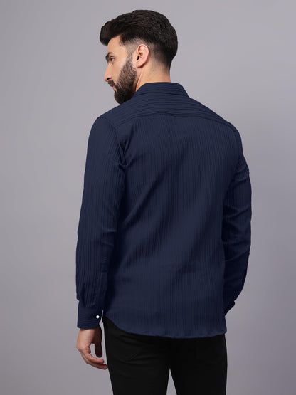 Finivo Fashion MenS Casual Button Down Shirts Long Sleeve Linen Shirt Fashion Textured Beach Summer Shirts Navy