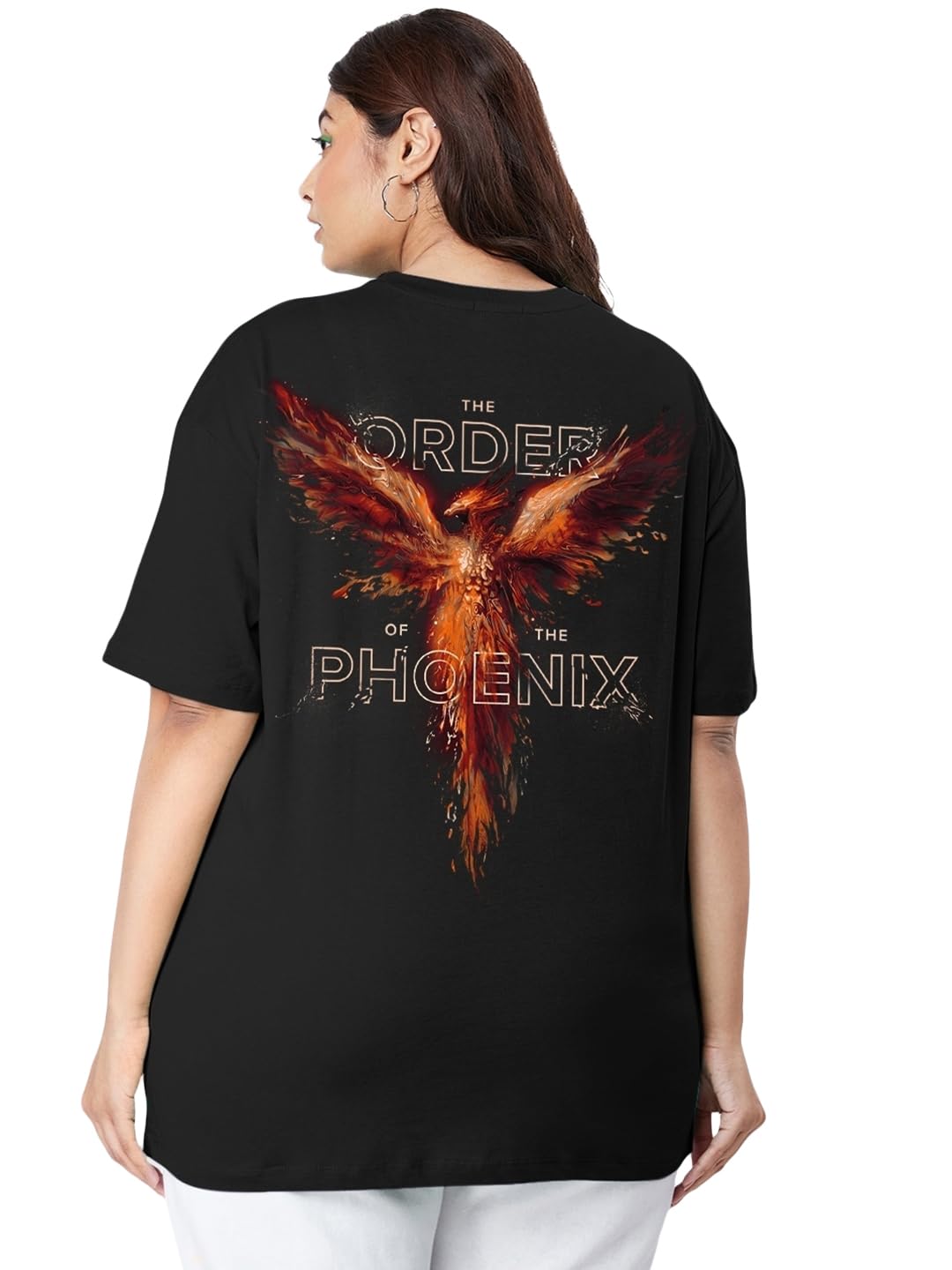 Bewakoof X Official Harry Potter Merchandise Womens Order of The Phoenix Graphic Printed Cotton Jersey Plus Size T-Shirt - Over