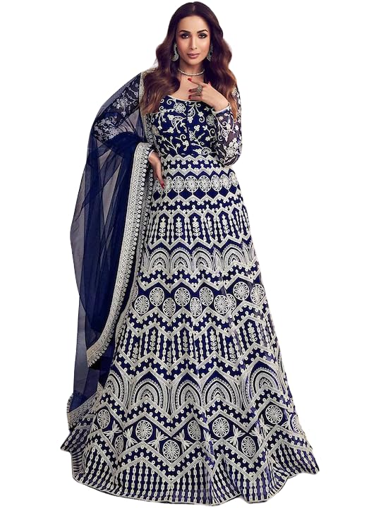 PATLANI Womens Naylon Net Embroiered Full Stitched Gown with Dupatta. Dark Blue