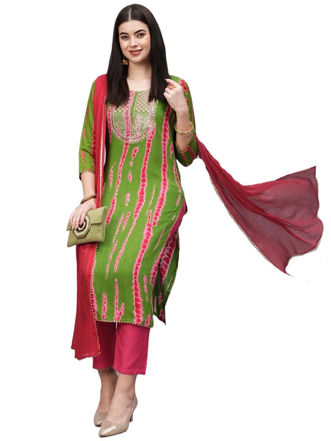 Gosriki WomenS Rayon Blend Straight Printed Kurta With Pant & Dupatta (Dollop Methi-Gs_M_Green_Medium)