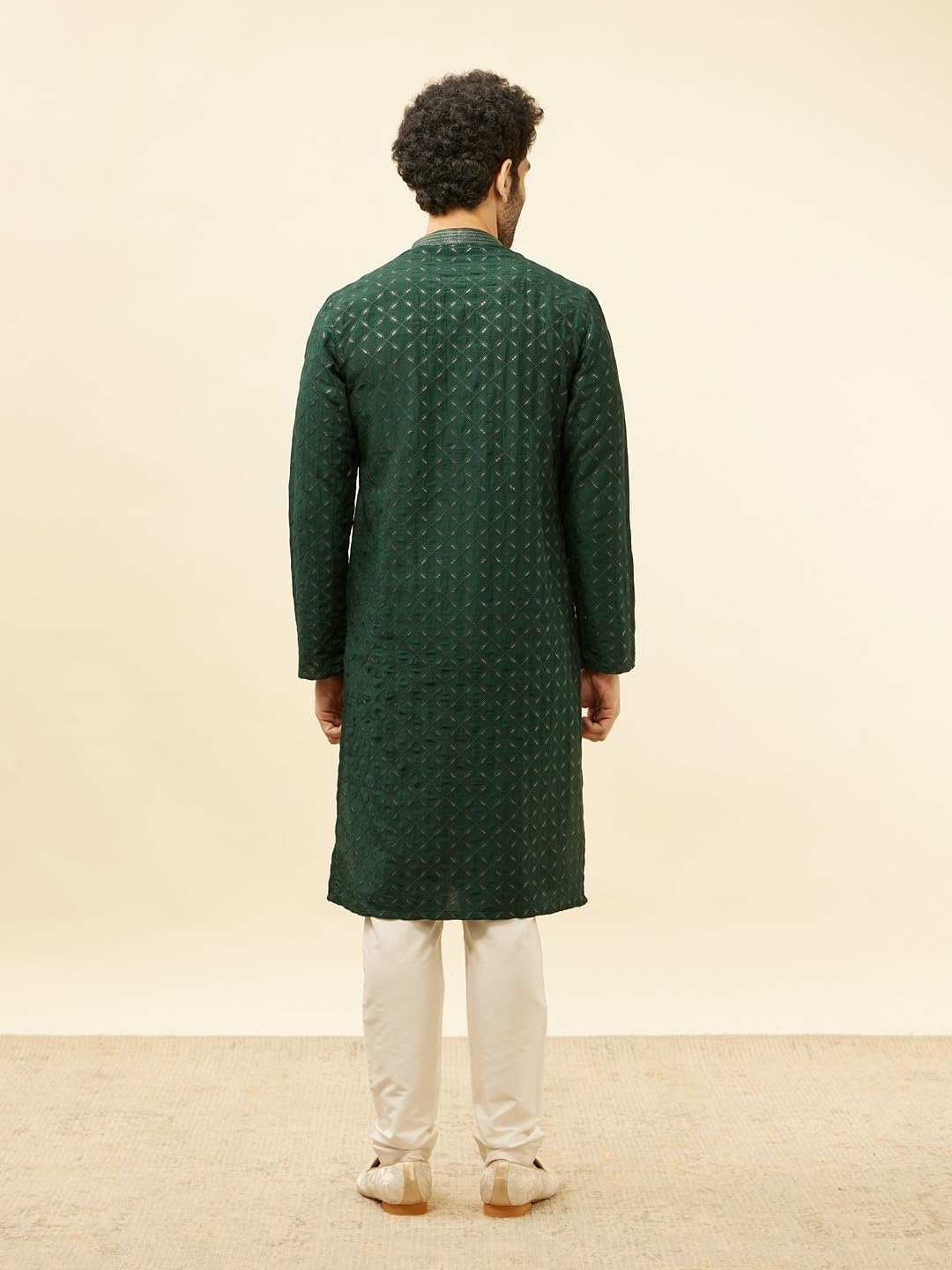 Manyavar Mens Green Art Silk Self Design Kurta Pyjama Set