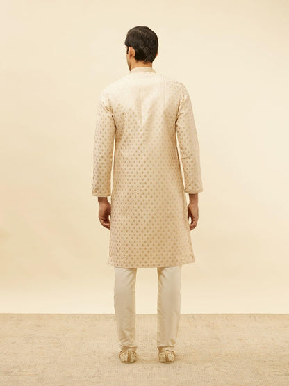 Manyavar Mens Beige Art Silk JACQUARD Kurta Pyjama Set
