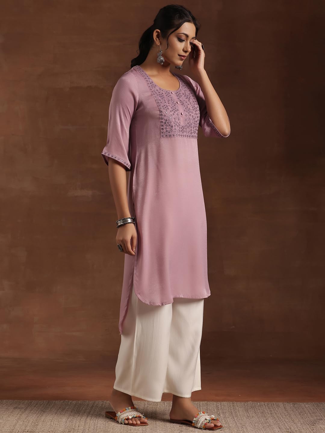 Libas WomenS Polyester Yoke Design Straight Kurta (29204 Lavender