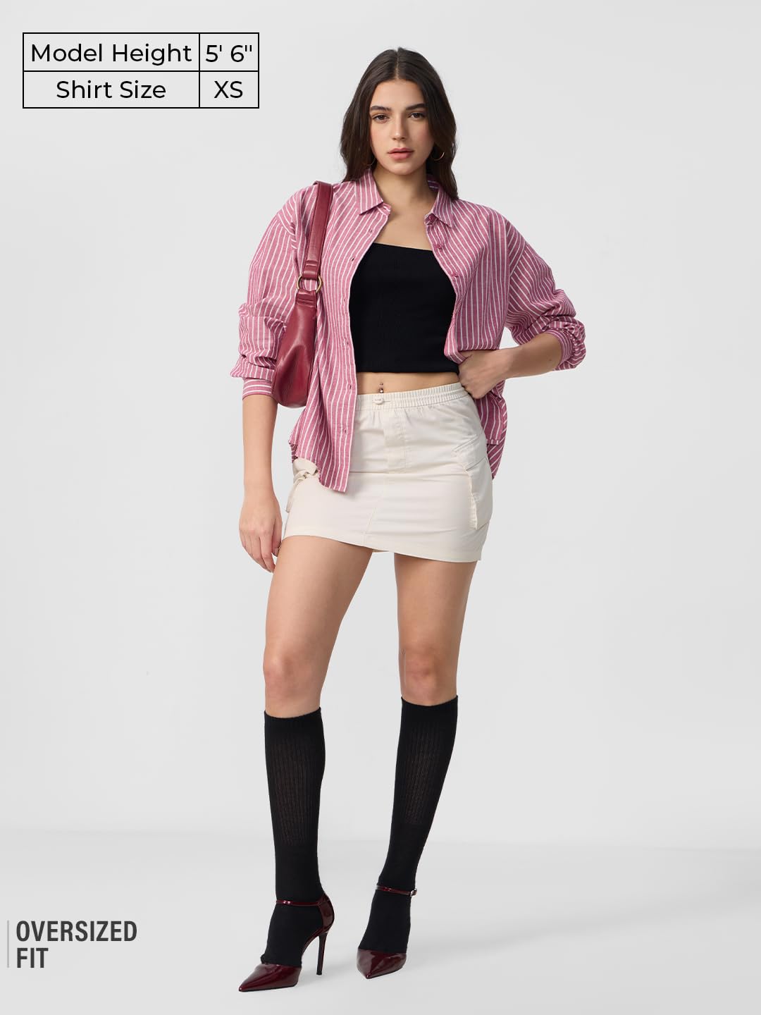 The Souled Store Cotton Linen Stripes: Roselle Women and Girls Long Sleeves Collared Neck Button Front Pink Cotton Linen Boyfrie