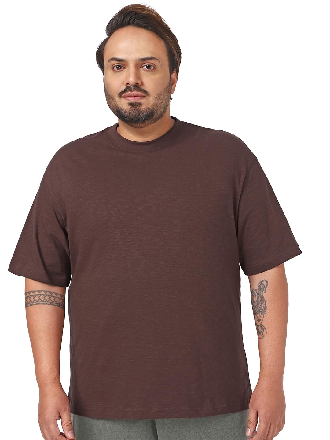 Bewakoof Air 1.0 Mens Solid Oversized Fit Half Sleeve Round Neck Slub Cotton Jersey Plus T-Shirt_646832_Brown_3XL