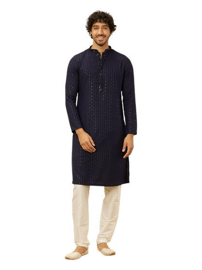 Manyavar Mens Blue Viscose Embroidered Kurta Pyjama Set