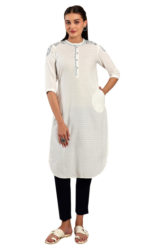W White Cotton Thread Work Straight-Long Kurta for Women