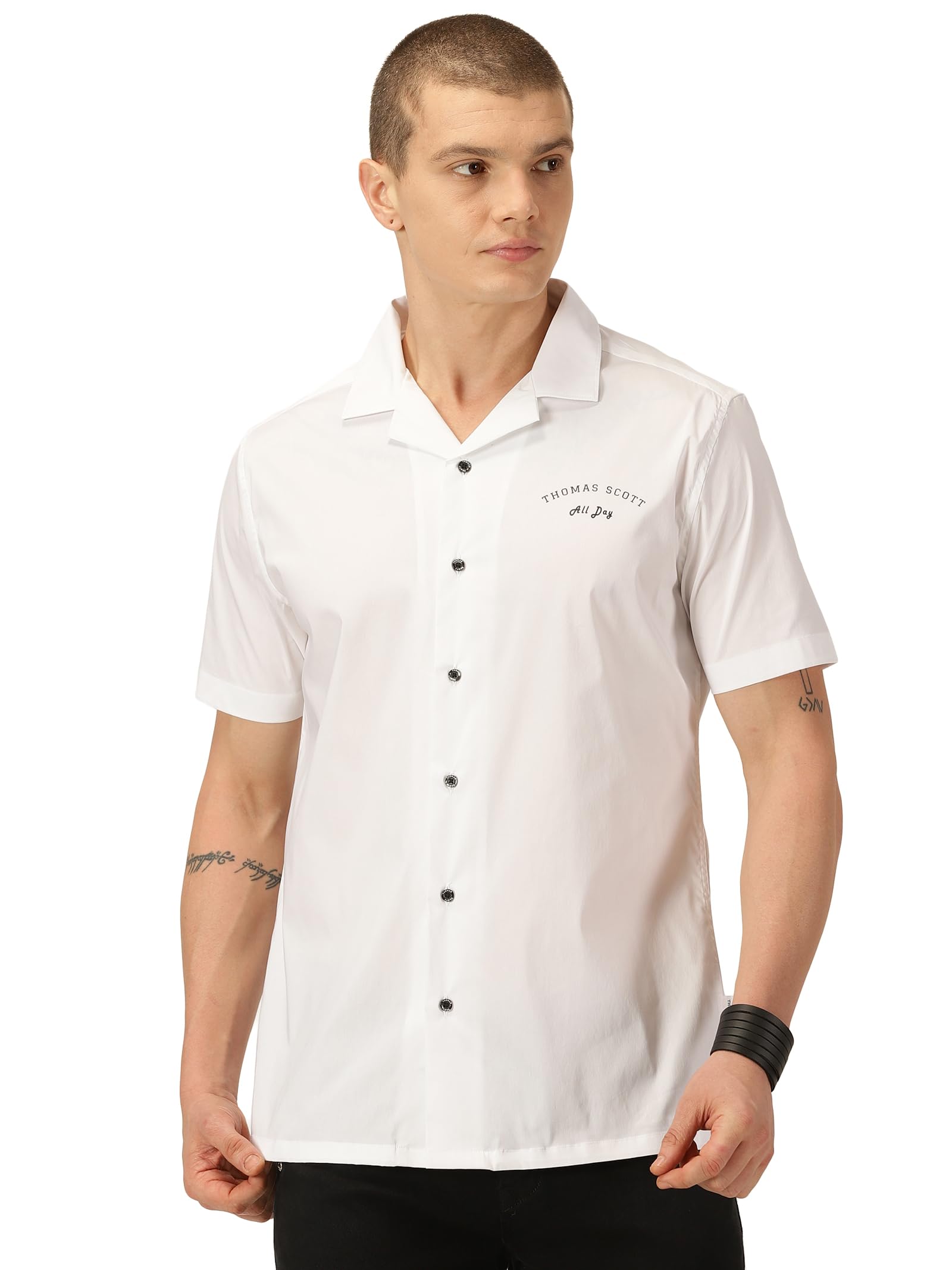 Thomas Scott Classic Slim Fit Cuban Collar Casual Shirt White