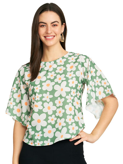 Modeve Women Green Floral Bell Sleeves Top For Summer