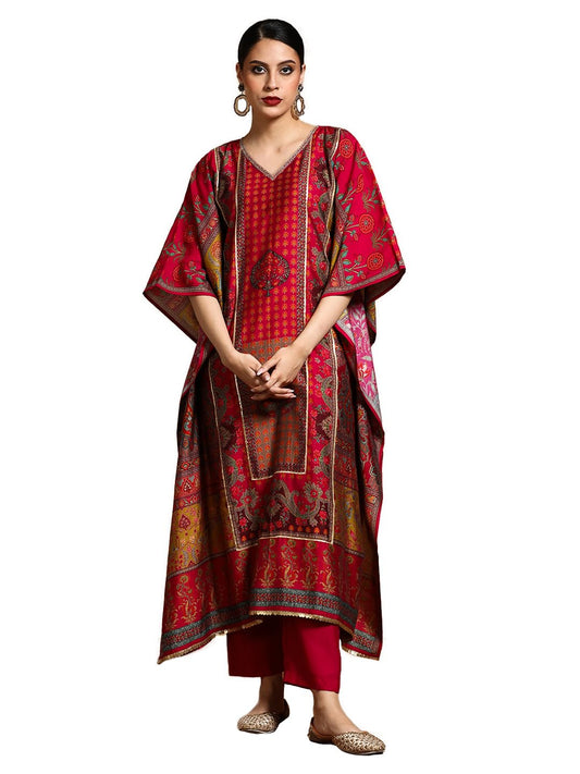 Varanga Gota Detailed Ethnic Floral Printed Kaftan & Trouser-Karva Chauth Special