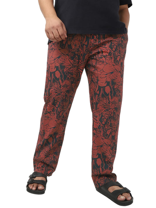 Bewakoof Plus Official Marvel Merchandise Mens All over printed Regular Fit Poplin Plus Size Pyjama_642212_Red_5XL