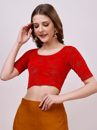 Vihu Fashion WomenS Readymade Hosiery Velvet Lycra Stretchable Round Neck Half Sleeve Blouse Fancy Red Color Lycra Stretchable