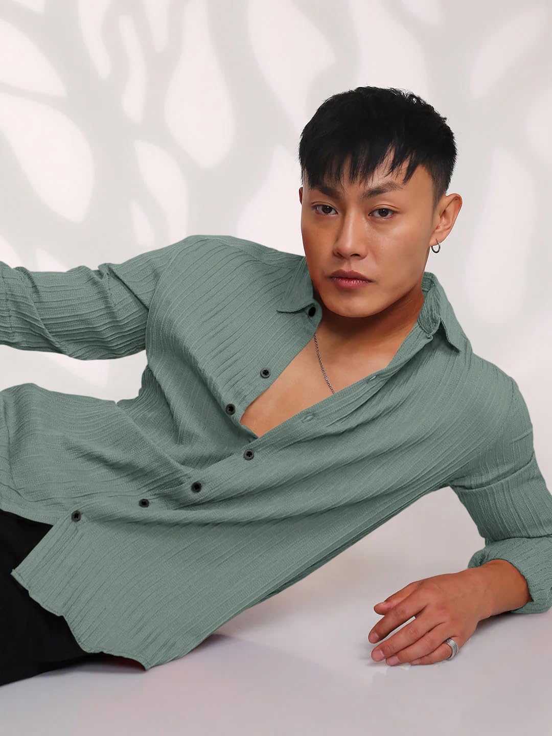 Finivo Fashion MenS Casual Cotton Striped Button Down Shirts Long Sleeve Textured Summer Beach Shirt For Men Green