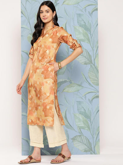 Libas WomenS Silk Printed Straight Kurta (26288_Brown