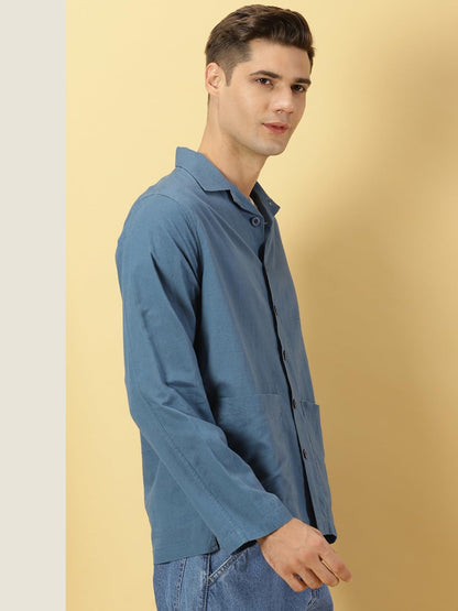 Thomas Scott Oversized Linen Double Pocket Solid Shirts for Mens Teal