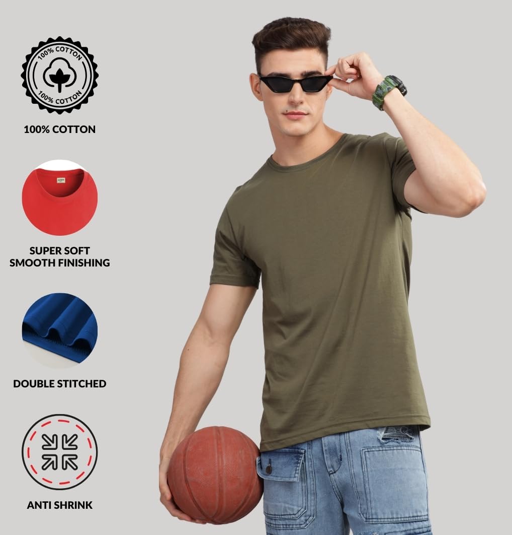 ADRO Mens Solid Regular Fit T-Shirt (RCM3-PLN-RB-OL-BE_Royal Blue,Olive,Beige