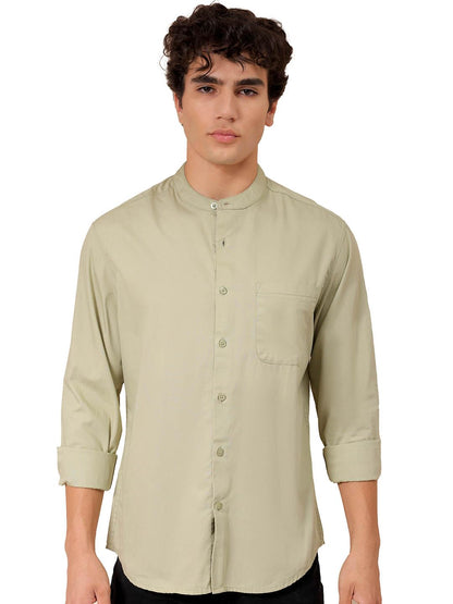 The Indian Garage Co Green Regular Fit Mandarin Collar Solid Long Sleeves Shirt