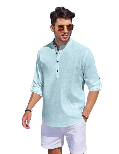 Hemrin Men Solid Cotton Blend Straight Kurta Shirt Aqua