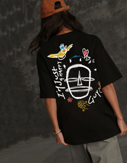 Juneberry Oversized Loose Baggy Fit Drop Shooulder Half Sleeves Pure Cotton Happy Guy Graphic Printed Black T-Shirt For Women &