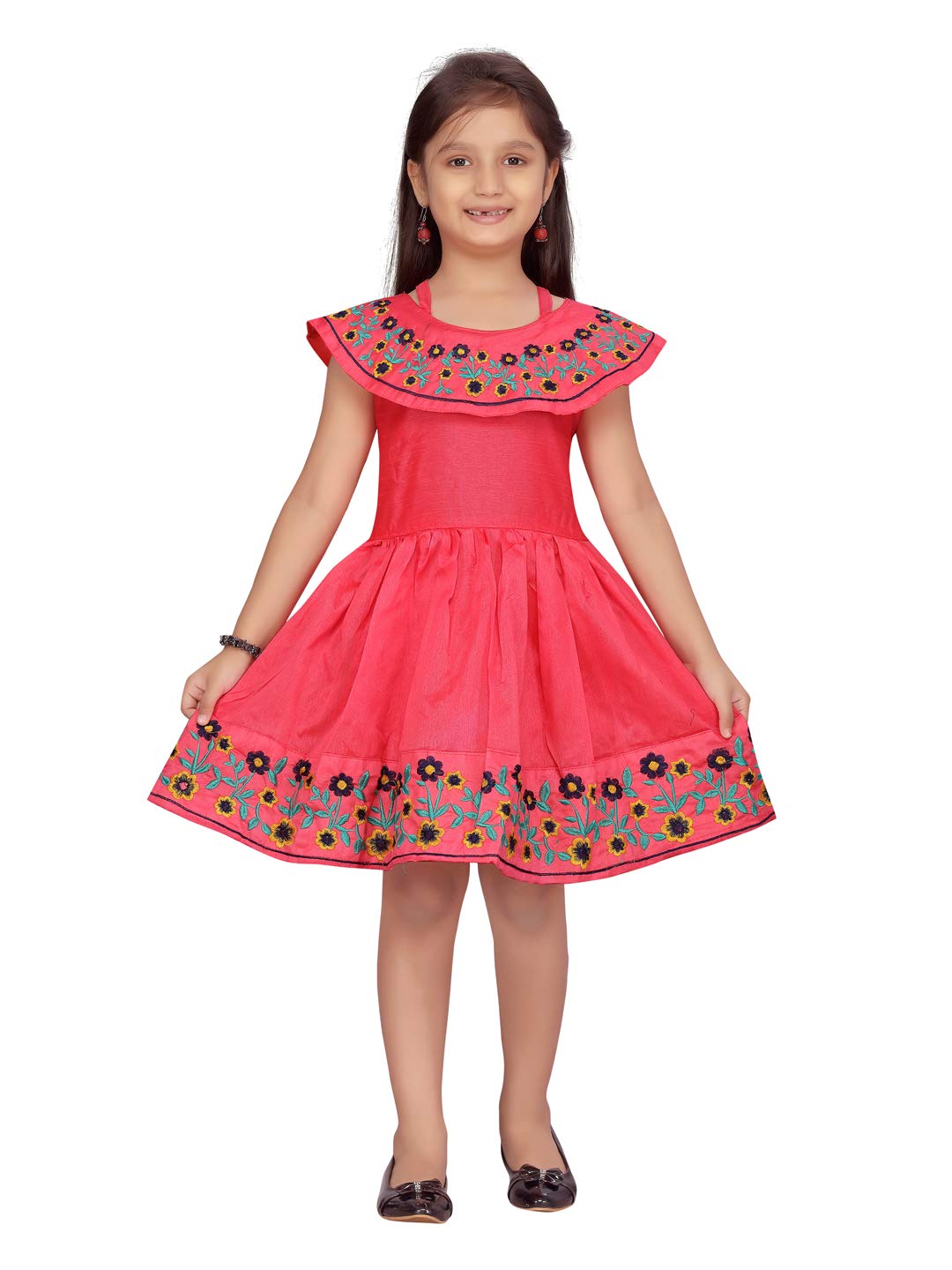 Aarika Girl's Silk Skater Knee-Length Dress (DR-18281_Gajri_32)
