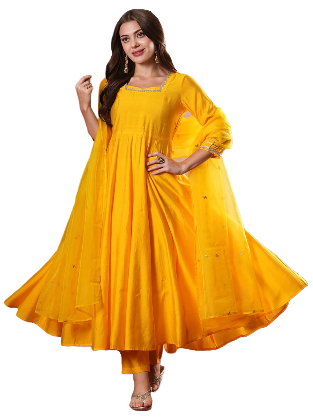 Gosriki WomenS Rayon Blend Anarkali Solid Kurta With Pant & Dupatta (Sitapati Yellow-Vks01-Gs_L_Yellow_Large)