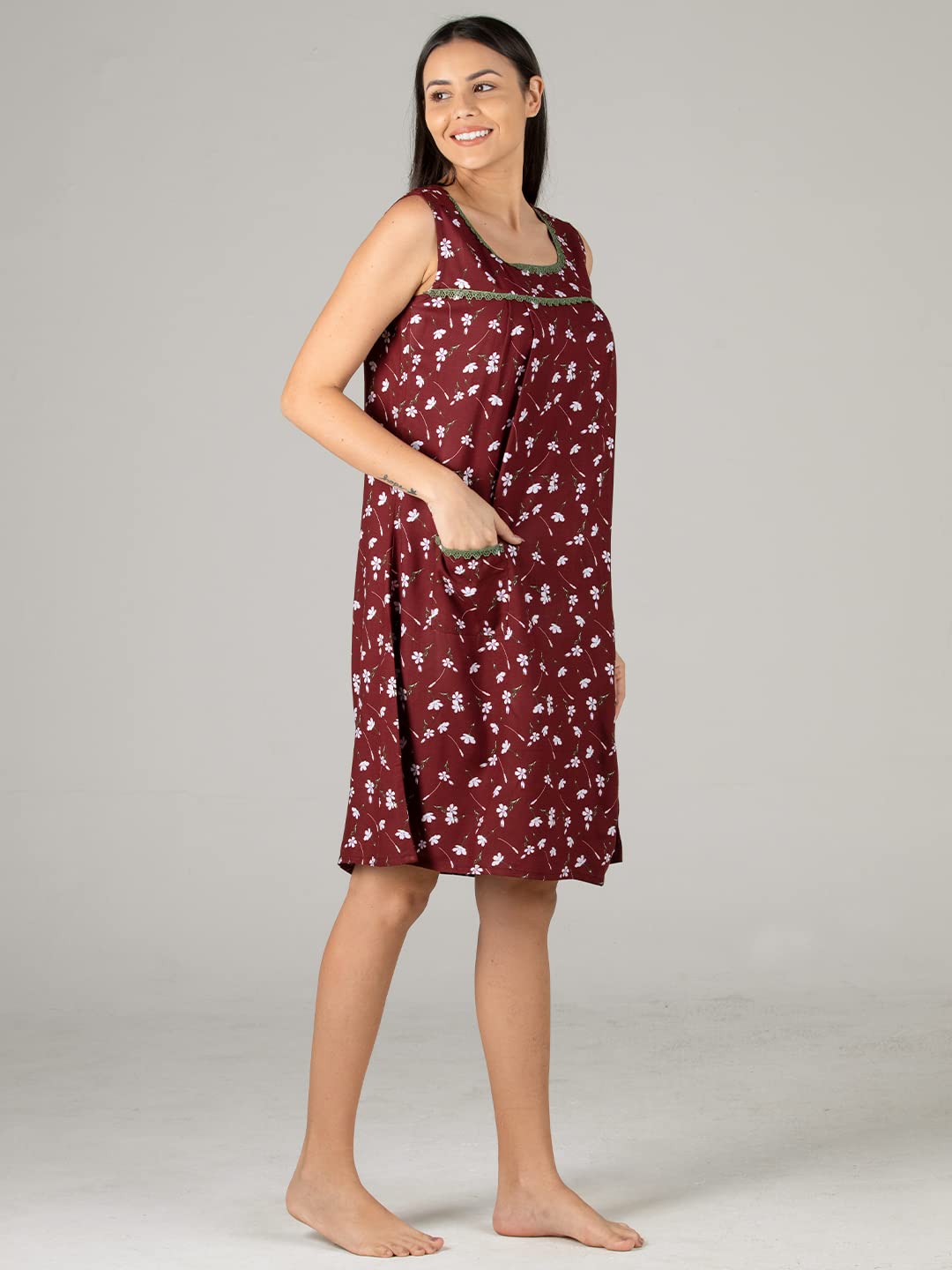 Evolove WomenS Viscose Liva Knee Length Short Night Gown Nighty Dress With Pocket, Super Soft Comfortable (Maroon White & Grey,