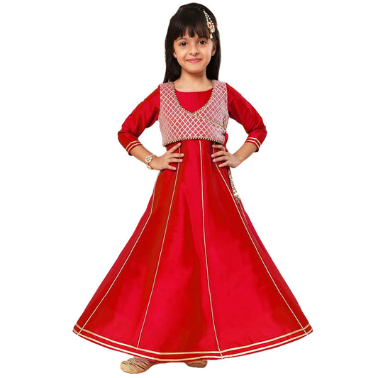 A.T.U.N. (ALL THINGS UBER NICE) Girls Woven Design Gota Jacket Anarkali Gown Red